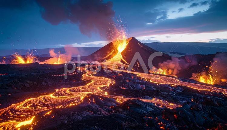 煙と炎に包まれた火山の噴火 火山,溶岩,噴火の写真素材