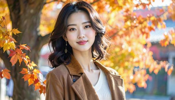 秋の背景に立つ若い日本人女性 秋の背景に立つ若い日本人女性の写真