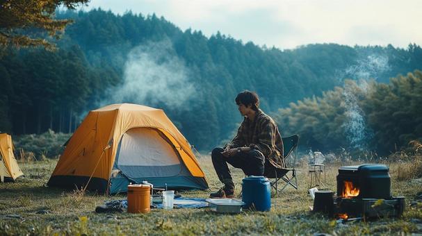 ソロキャンプをする男性 ソロキャンプをする男性の写真