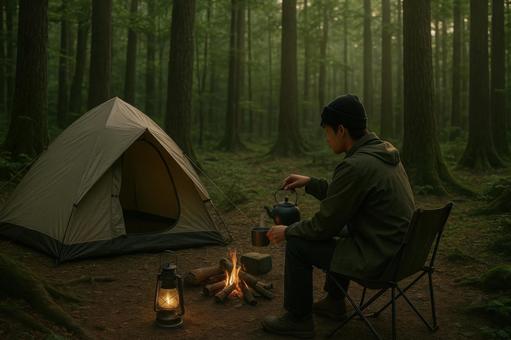 森の中で一人キャンプを楽しむ人 森の中で一人キャンプを楽しむ人の写真
