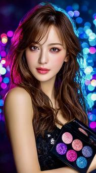 コスメ広告風の女性が持つアイシャドウの写真