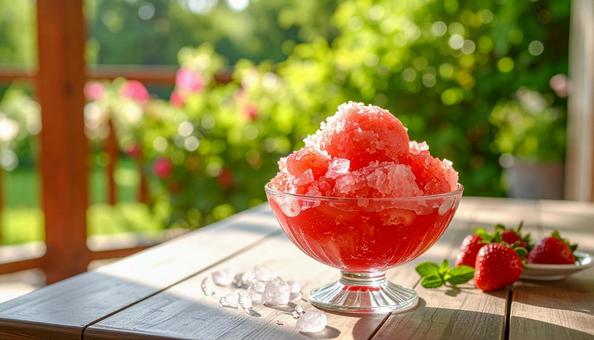 ガラスの器に盛られたかき氷の写真