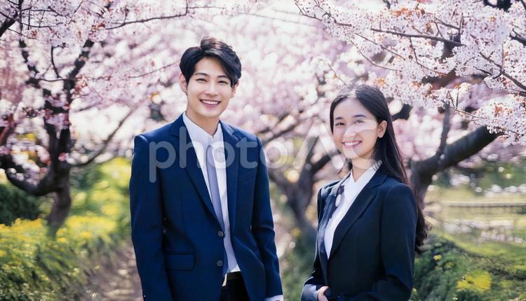 桜と就活生 新入社員,男女,春の写真素材