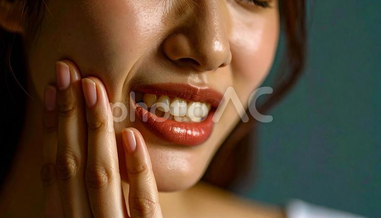 歯が痛んで手で押さえる女性 患部,歯茎,20代の写真素材