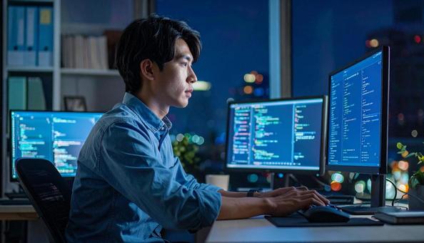 深夜に作業をする若い日本人エンジニア 深夜に作業をする若い日本人エンジニアの写真