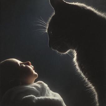 逆光の赤ちゃんとねこ 逆光の赤ちゃんとねこの写真