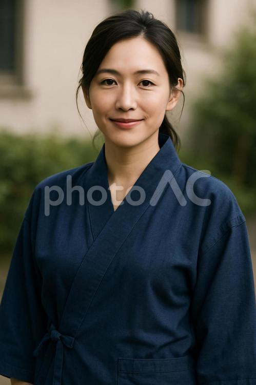 作務衣を着た女性 20代,カメラ目線,女性の写真素材