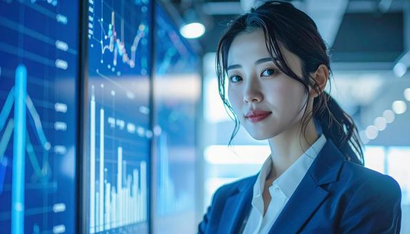 ディルプレイのチャートの前に立つ女性社員の写真