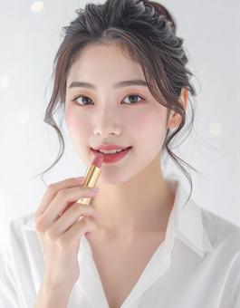 リップを塗る若い女性の美容ポートレートの写真