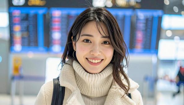 空港で笑顔の日本人女性旅行者の写真