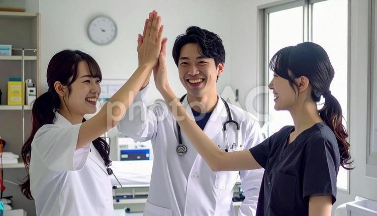 喜びを分かち合う看護師・医者 ハイタッチ,看護師,医者の写真素材