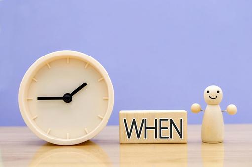Whenの文字ブロックと人形と時計 Whenの文字ブロックと人形と時計 when,いつ,時間管理の写真素材