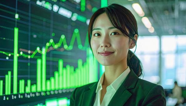 ディルプレイのチャートの前に立つ女性社員の写真