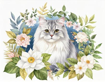 ペルシャ猫と花の写真素材の写真