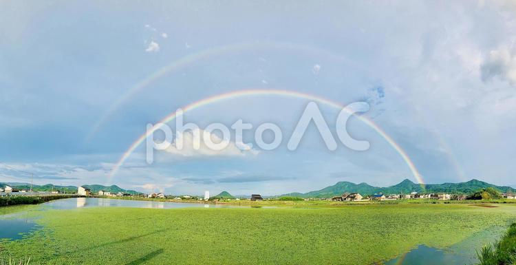 全景/二重虹/鏡/池に反射/水草 虹,二重,綺麗の写真素材