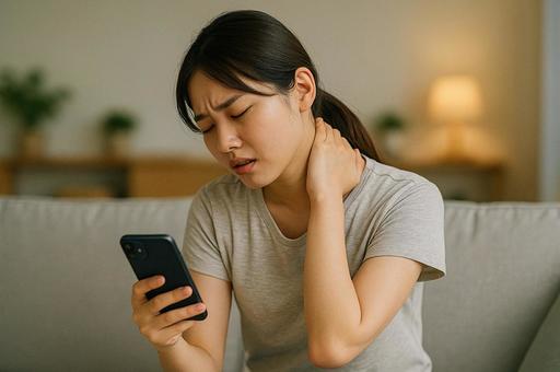 スマホ首で肩を押さえる若者 スマホ首で肩を押さえる若者の写真