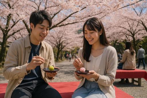 桜並木で味わう和菓子 桜並木で味わう和菓子の写真