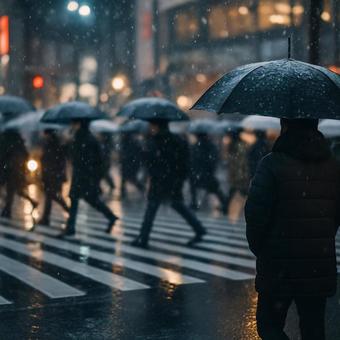 雪の交差点と傘 雪の交差点と傘の写真