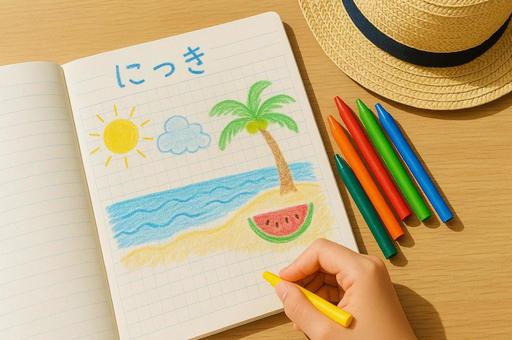 夏休みの絵日記とクレヨン・思い出・宿題の写真