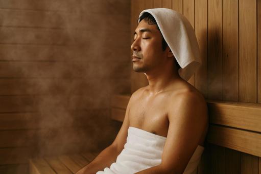 サウナで目を閉じる男性 サウナで目を閉じる男性の写真