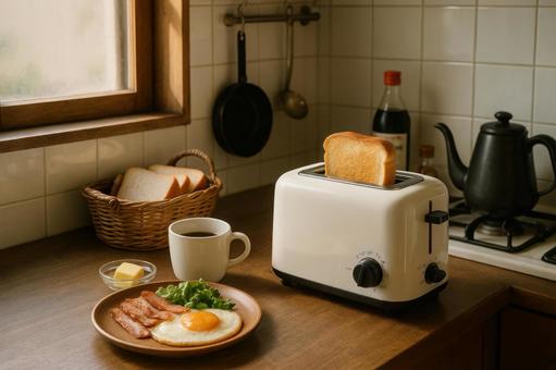 トースターで調理する朝食風景 トースターで調理する朝食風景の写真