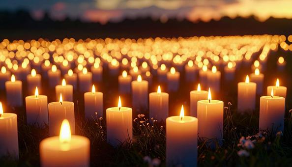 夕暮れの草原に灯るキャンドル 夕暮れの草原に灯るキャンドルの写真