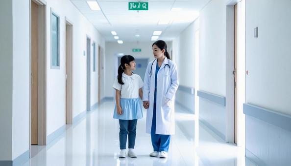 病院の廊下 女の子と話す医師 病院の廊下 女の子と話す医師の写真
