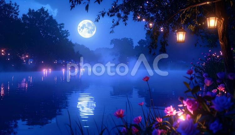 月明かりの湖畔：幻想的なランタンナイト 夜,月,湖の写真素材