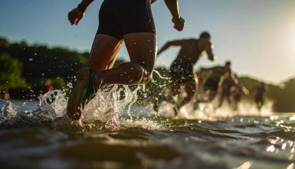 トライアスロン 一斉に水に飛び込む選手 トライアスロン 一斉に水に飛び込む選手の写真