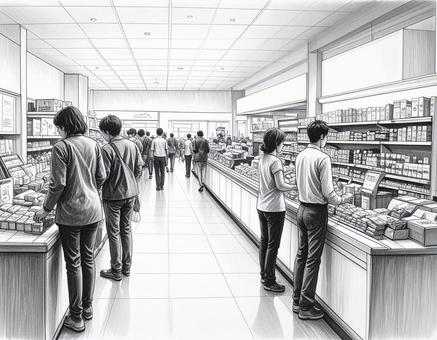 スーパーの店内のスケッチの白黒素材 スーパーの店内のスケッチの白黒素材の写真