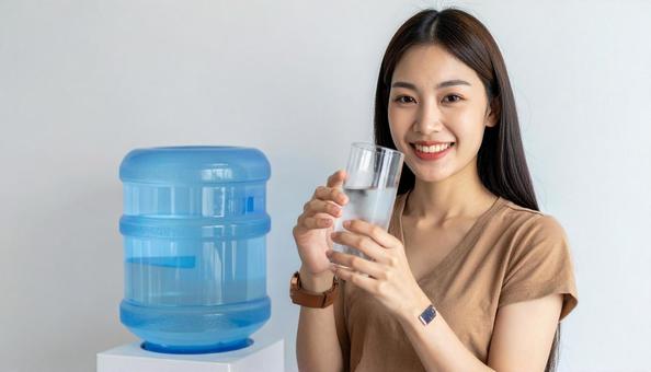 ウォーターサーバーで水を飲む日本人女性 ウォーターサーバーで水を飲む日本人女性の写真