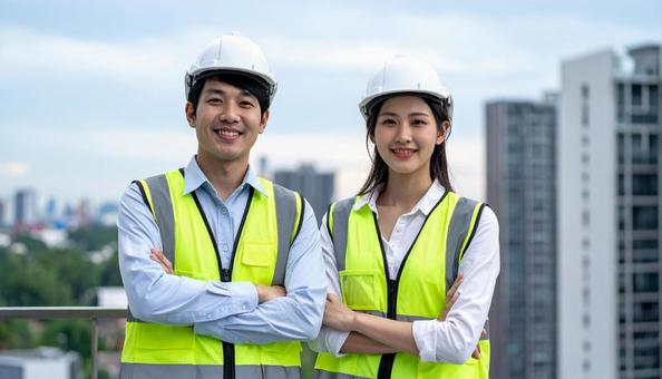 高層ビルと男女の日本人作業員 高層ビルと男女の日本人作業員 の写真