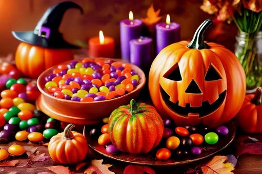 ハロウィンの飾りとお菓子 ハロウィンの飾りとお菓子の写真