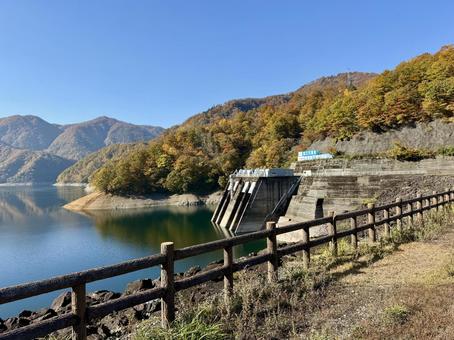 秋の福井県の九頭竜ダム　紅葉に色づく湖 秋,道路,晩秋の写真素材