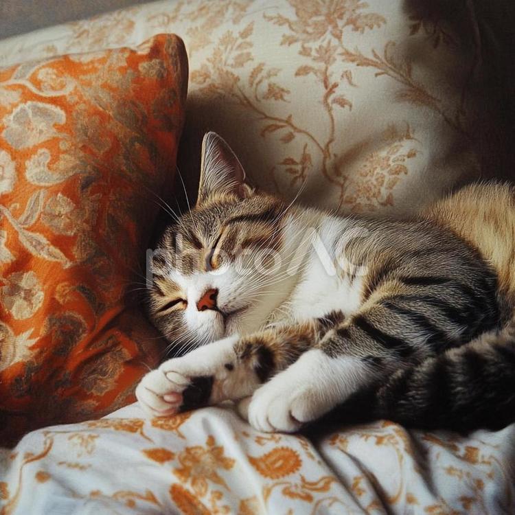 リラックスして寝る猫の癒し画像 猫,子猫,キジトラの写真素材