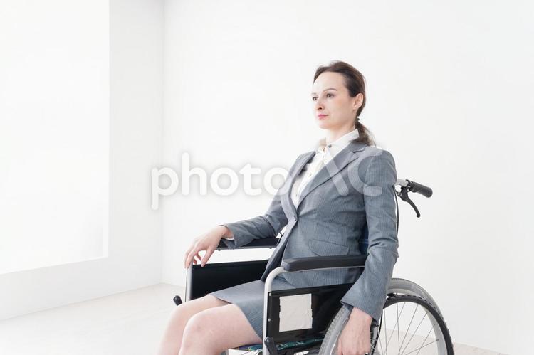 車椅子に乗って仕事をする外国人の女性 ヨーロッパ人,白バック,会社の写真素材