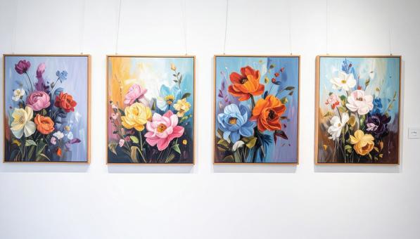 白い壁に4枚の油絵 白い壁に4枚の油絵の写真