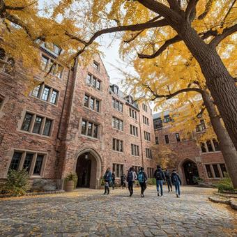 レンガ建物と黄金のイチョウ並木の秋景色の写真