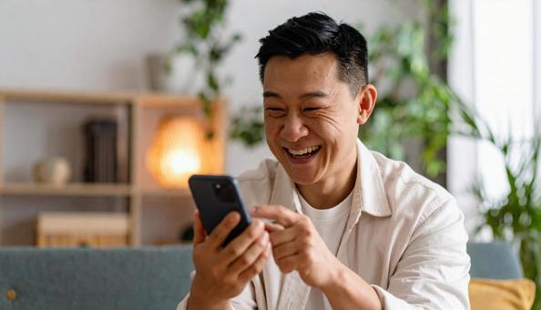 スマホを操作し笑顔の男性のポートレート スマホを操作し笑顔の男性のポートレートの写真