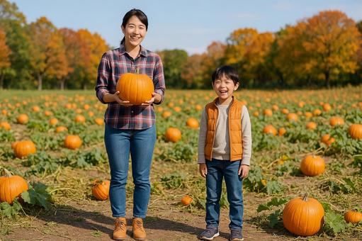親子でカボチャ収穫 親子でカボチャ収穫の写真