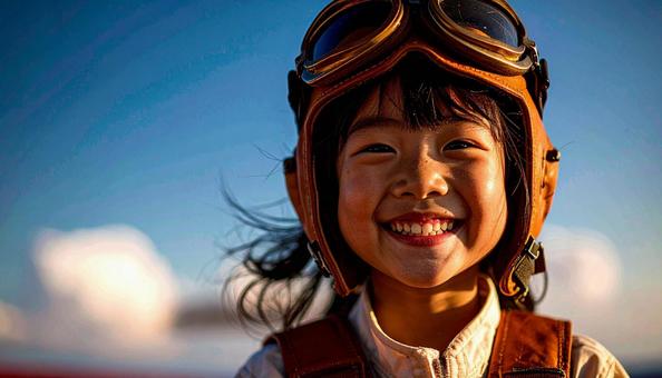 パイロットの姿をした日本人の子ども パイロットの姿をした日本人の子どもの写真