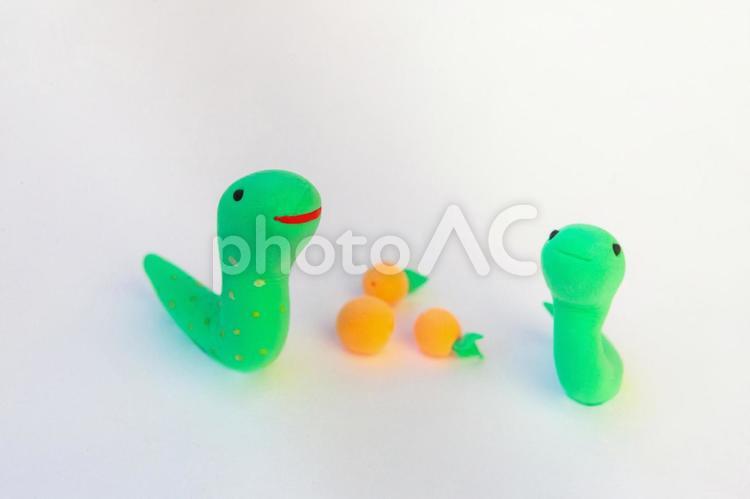 緑の蛇の親子とみかん 蛇,クレイアート,動物の写真素材