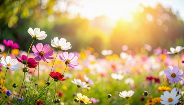 ぼかし背景のなびく春の花々 ぼかし背景のなびく春の花々の写真