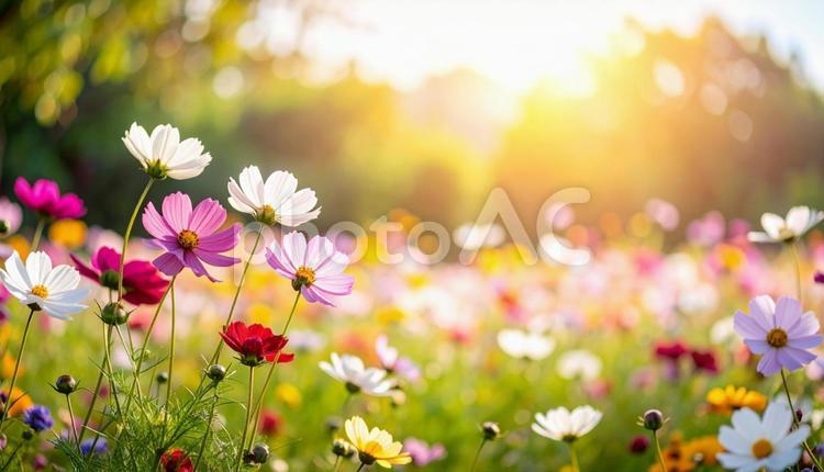 ぼかし背景のなびく春の花々 春,花畑,春風の写真素材
