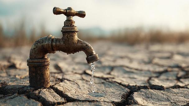 乾いた大地と蛇口からの水 乾いた大地と蛇口からの水の写真