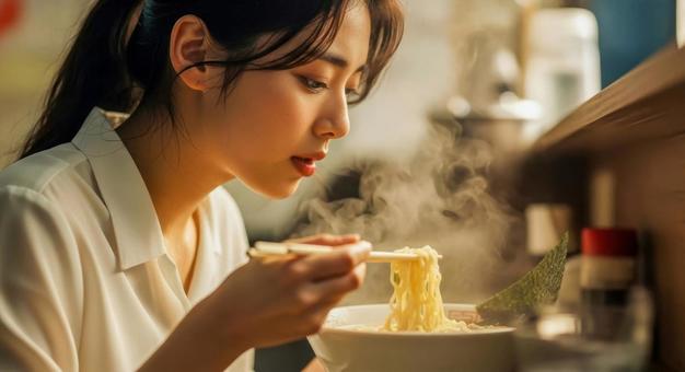 熱々ラーメンを食べる女性の飲食シーン 熱々ラーメンを食べる女性の飲食シーンの写真