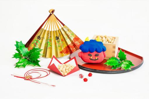 節分デザイン　升・豆・ヒイラギ・鬼 節分,厄払い,豆まきの写真素材