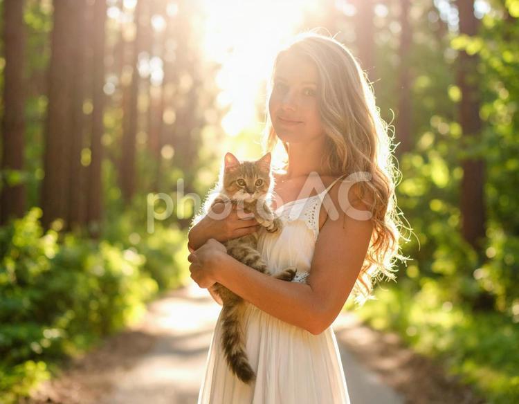 木漏れ日の中に子猫を抱きかかえた女性 女性,ポートレート,自然の写真素材