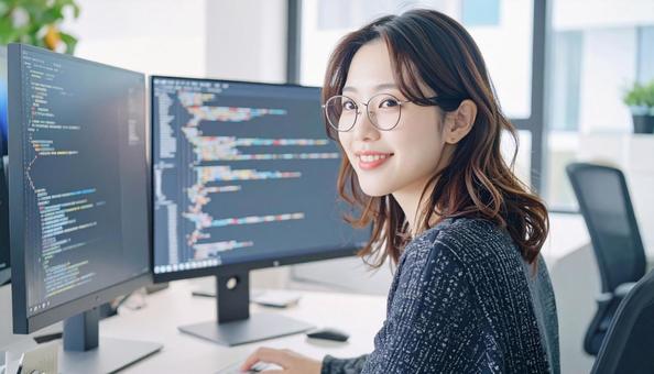 プログラミングをする女性エンジニア プログラミングをする女性エンジニアの写真