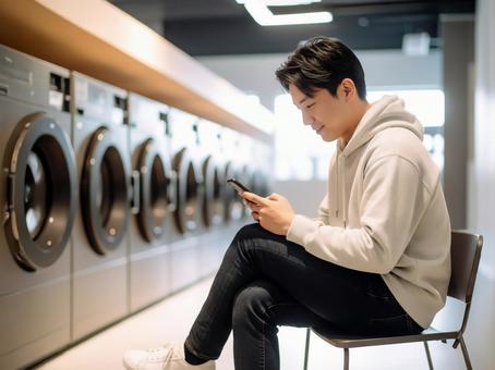 コインランドリーでスマホを見る若い男性 コインランドリーでスマホを見る若い男性の写真